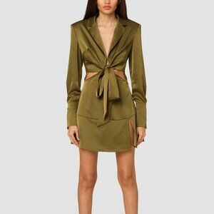 Amylynn Gia Satin Cutout Mini Dress Large NWT Olive Green Long Sleeves AL3006